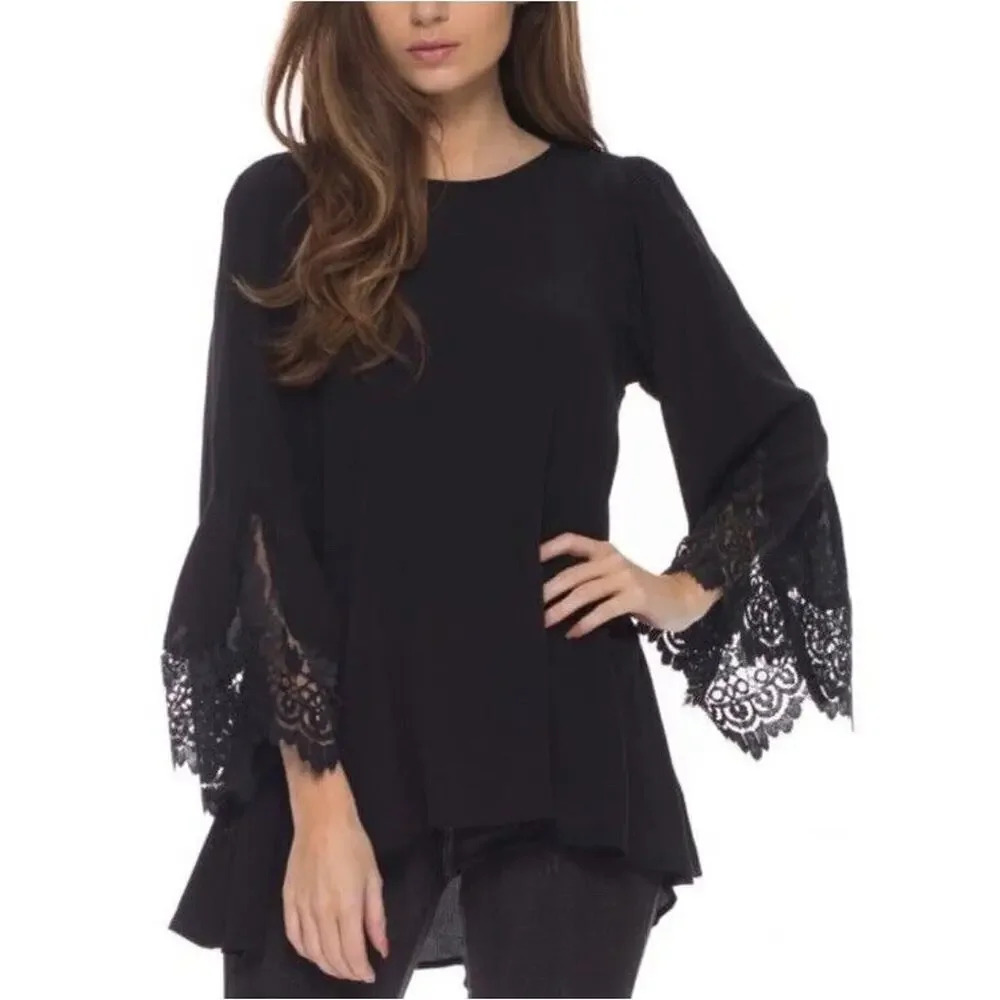 For Love & Lemons Bourbon Black Lace Bell Sleeve Top Blouse Women's Size XS